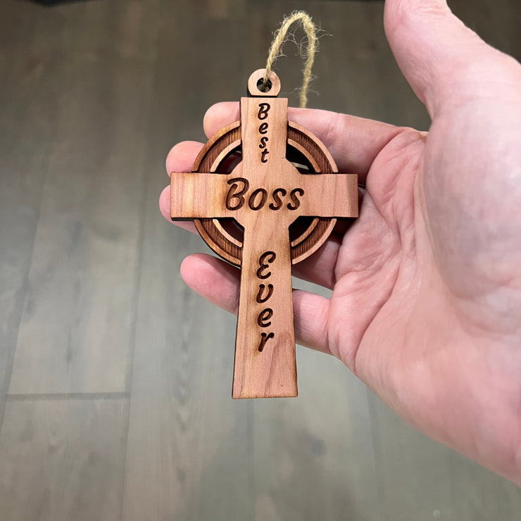 Best Boss Ever Celtic Cross - Cedar Ornament