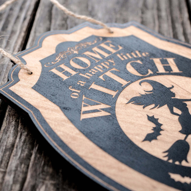 Home of a Happy Little Witch - Black Halloween Door Sign 7x9 – HipFlaskPlus