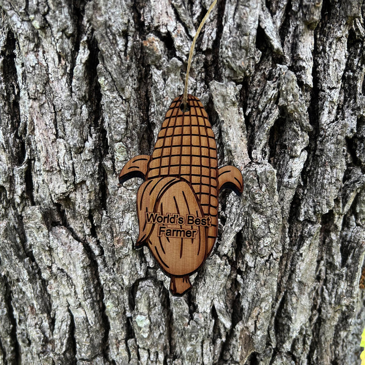 Worlds Best Farmer Corn on the cob - Cedar Ornament