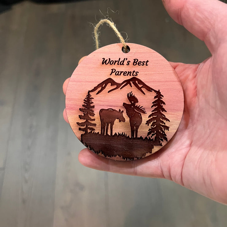 Worlds Best Parents Moose Couple - Cedar Ornament