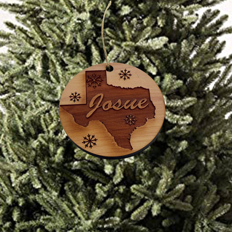 custom PERSONALIZED Texas With Snow flakes - Raw Cedar Ornament