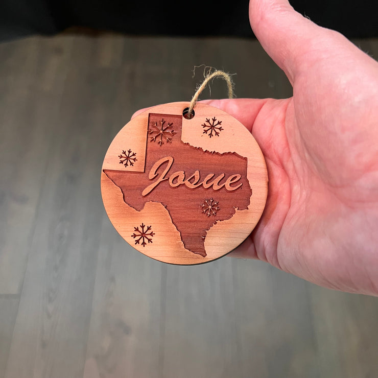 custom PERSONALIZED Texas With Snow flakes - Raw Cedar Ornament