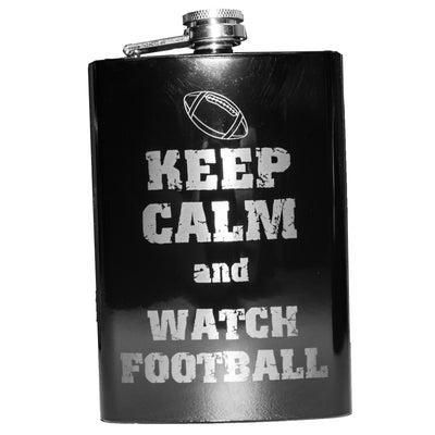 8oz BLACK Keep Calm and Watch Football Flask Laser Engraved