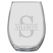 15oz PERSONALIZED Set - Stemless Wine Glass + Coaster - Split letter monogram