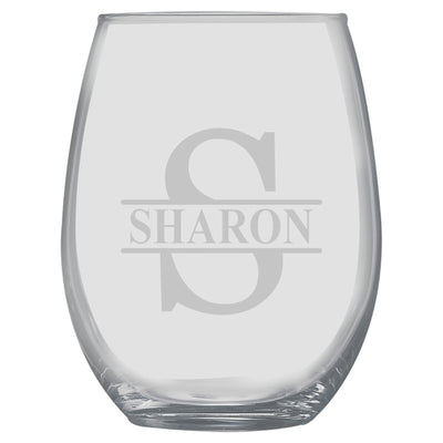 15oz PERSONALIZED Set - Stemless Wine Glass + Coaster - Split letter monogram