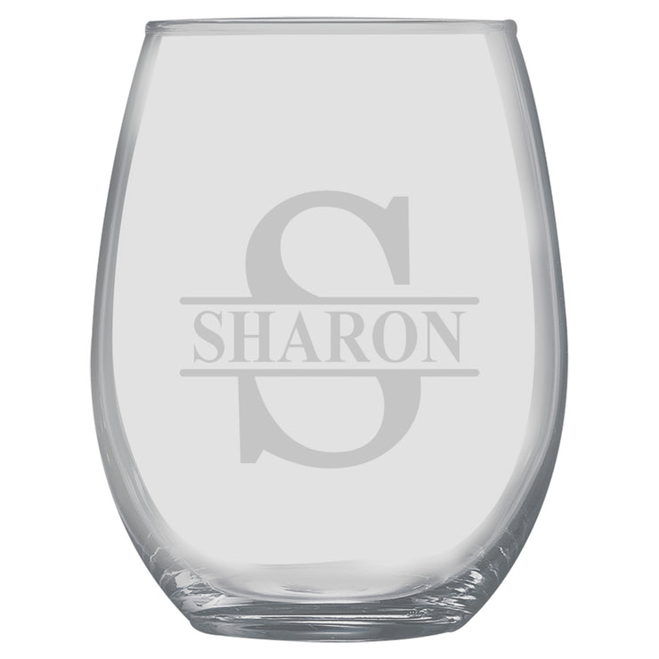 15oz PERSONALIZED Set - Stemless Wine Glass + Coaster - Split letter monogram