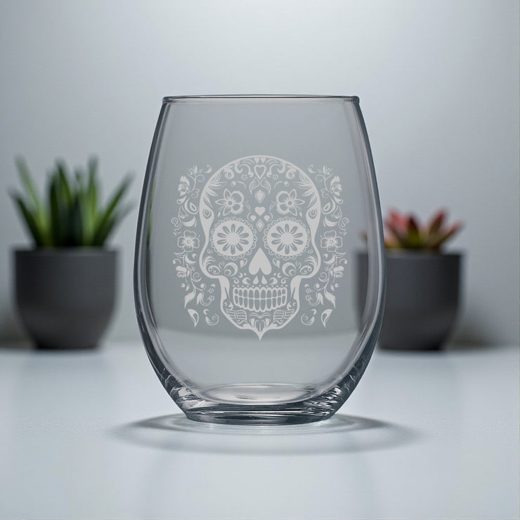 15oz Stemless Wine Glass - Sugar Skull - Day of the Dead