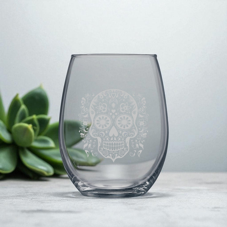 15oz Stemless Wine Glass - Sugar Skull - Day of the Dead