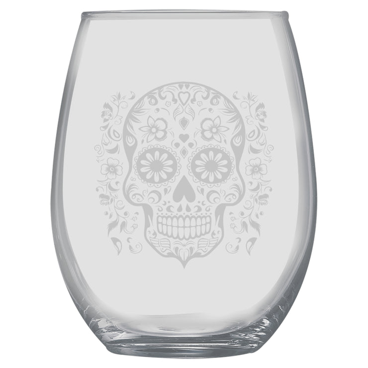 15oz Stemless Wine Glass - Sugar Skull - Day of the Dead