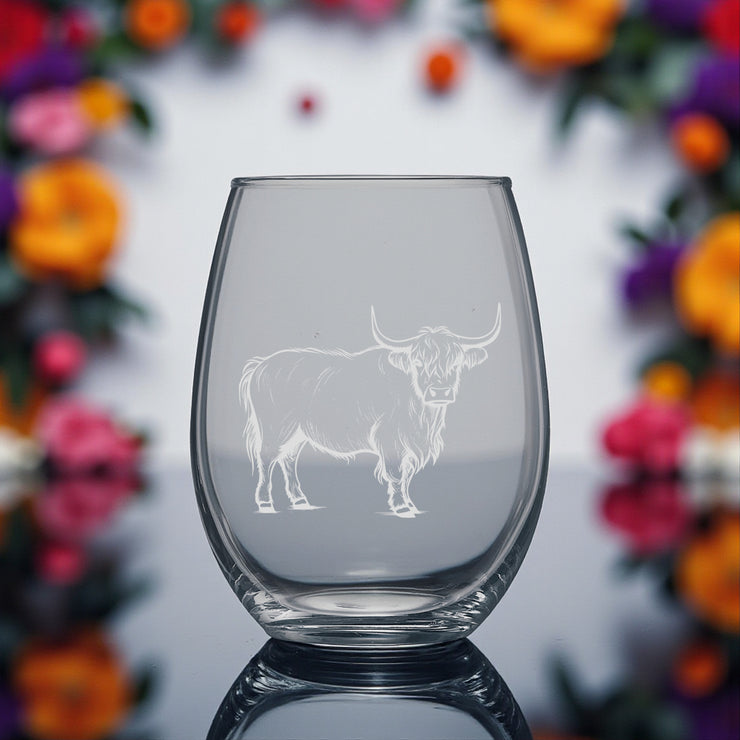15oz Stemless Wine Glass - Highland Cow