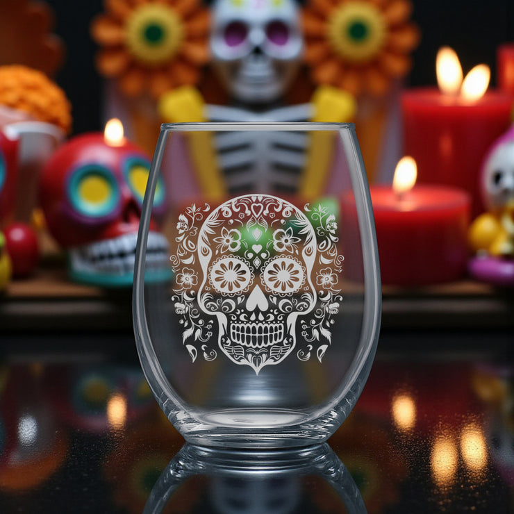 15oz Stemless Wine Glass - Sugar Skull - Day of the Dead