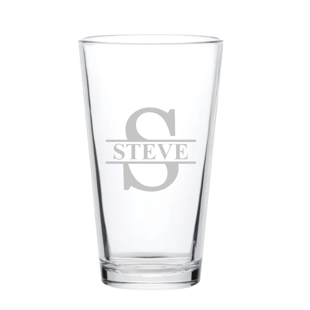 HipFlaskPlus 16oz pint beer glass engraved with a personalized split letter monogram