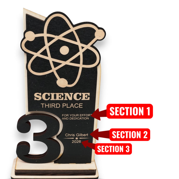 Trophy Award - PERSONALIZED - Science - 1st 2nd 3rd Place - 9x5 Inches
