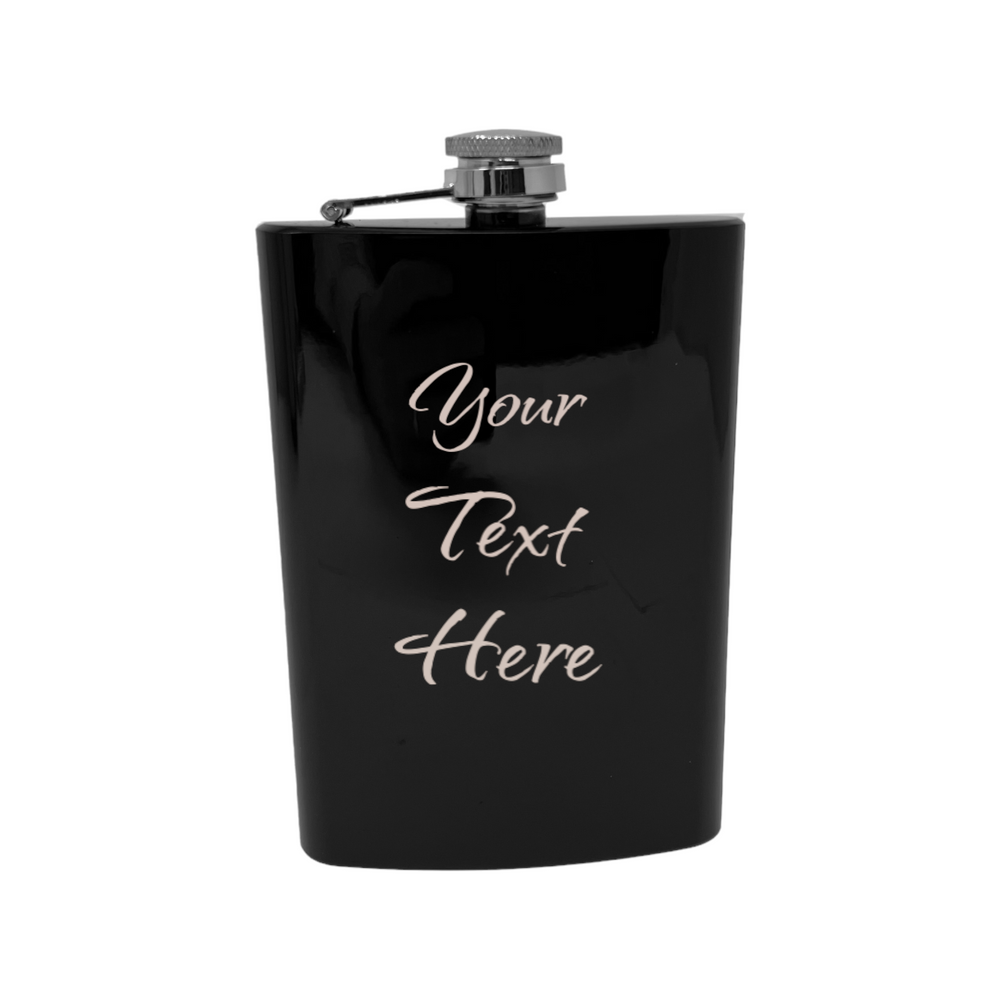 HipFlaskPlus 8oz black stainless steel hip flask with custom personalized text engraving