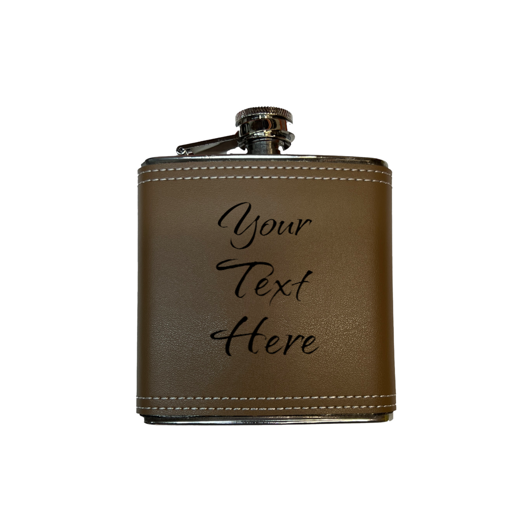 HipFlaskPlus 8oz brown stainless steel hip flask with custom personalized text engraving