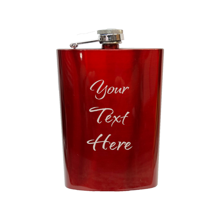 HipFlaskPlus 8oz red stainless steel hip flask with custom personalized text engraving