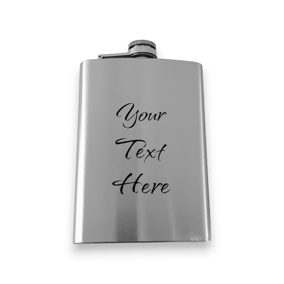 HipFlaskPlus 8oz stainless steel hip flask with custom personalized text engraving