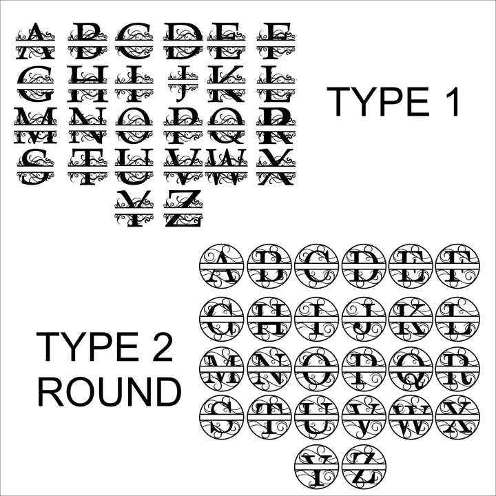 HipFlaskPlus split letter monogram style chart showing Type 1 and Type 2 round letter options