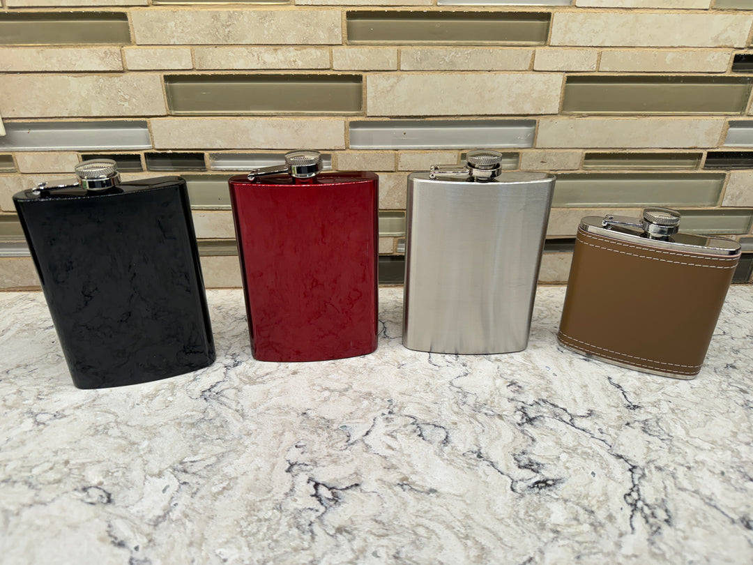 HipFlaskPlus 8oz stainless steel hip flasks shown in black, red, brown and white