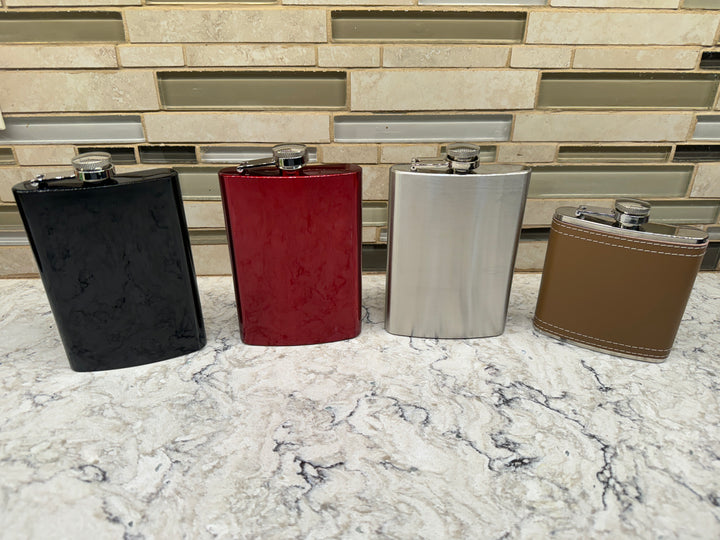 HipFlaskPlus 8oz stainless steel hip flasks shown in black, red, brown and white
