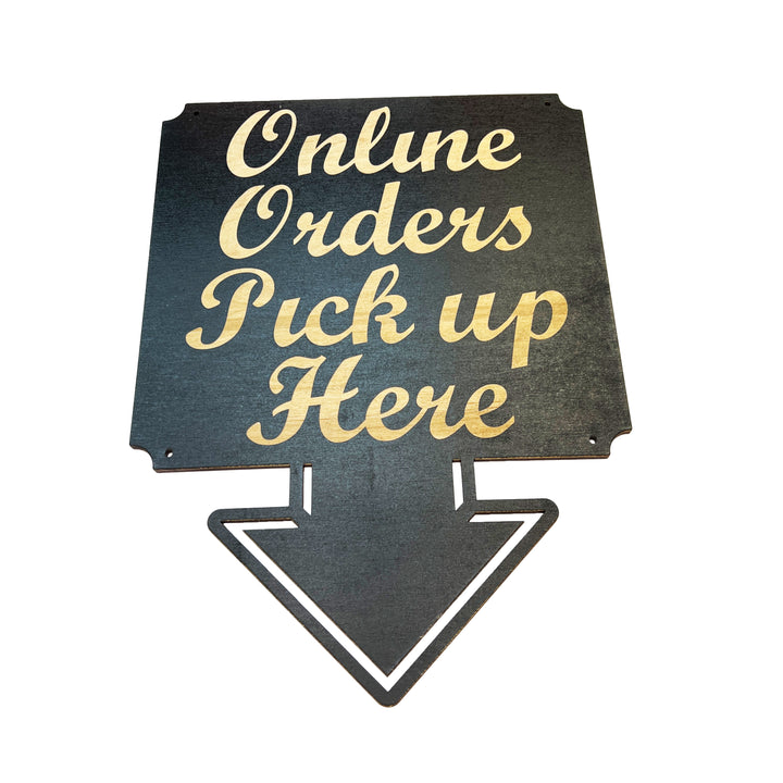 HipFlaskPlus Online Orders Pick Up Here black wood arrow sign