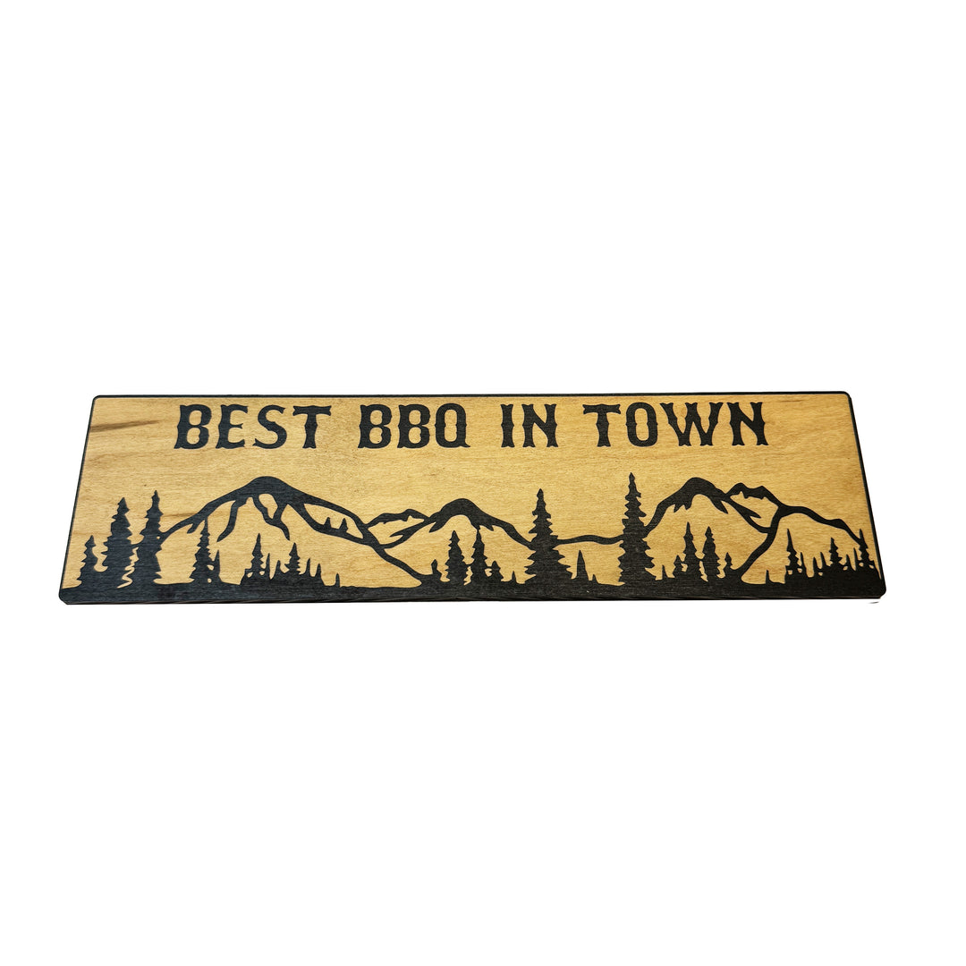 HipFlaskPlus Best BBQ in Town mountain scene black and natural wood sign