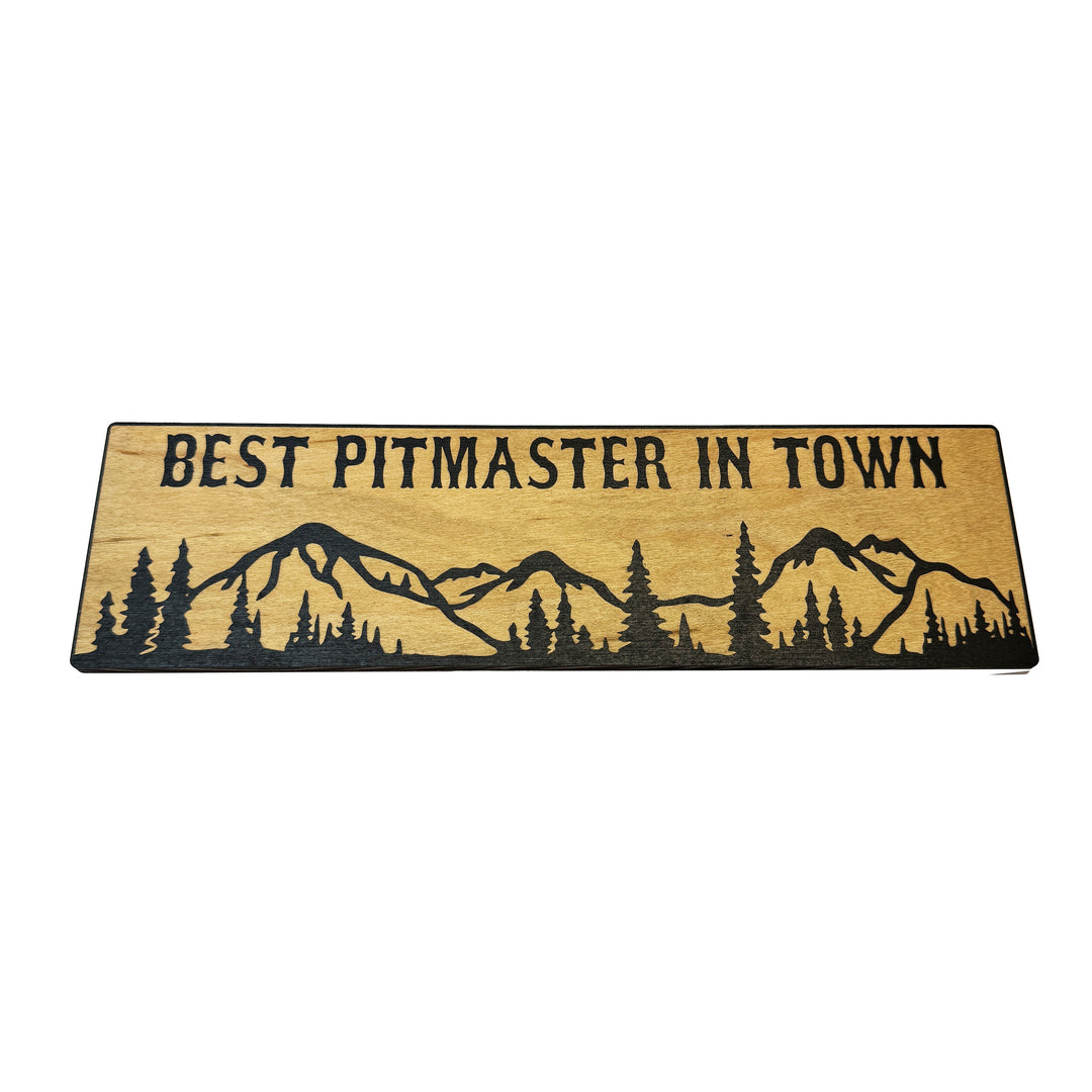 HipFlaskPlus Best Pitmaster in Town mountain scene black and natural wood sign
