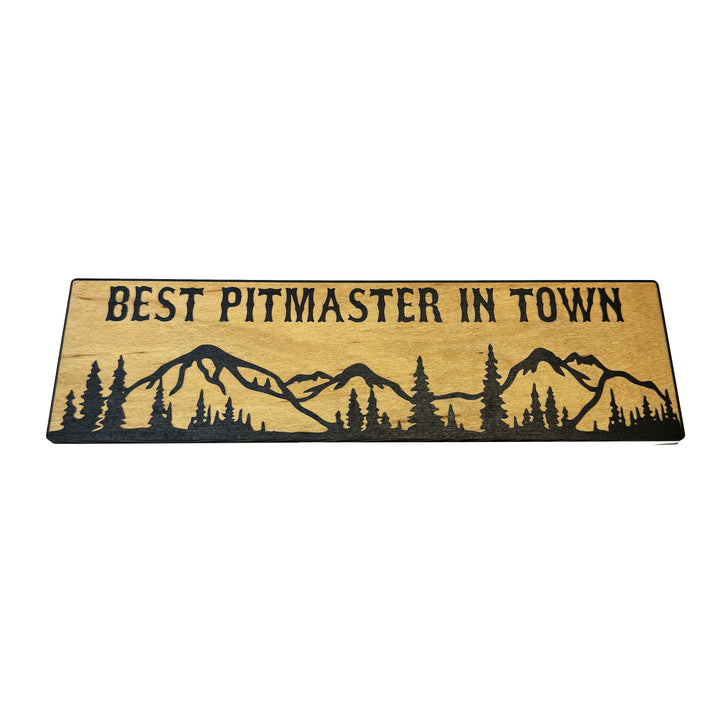 HipFlaskPlus Best Pitmaster in Town mountain scene black and natural wood sign