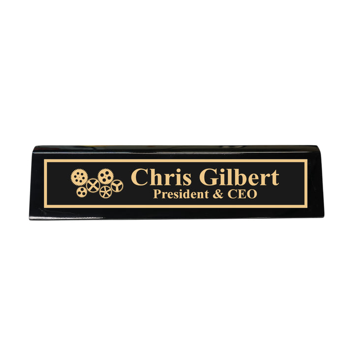 Desk Wedge Name Plate - PERSONALIZED - Gears - 11 Inches