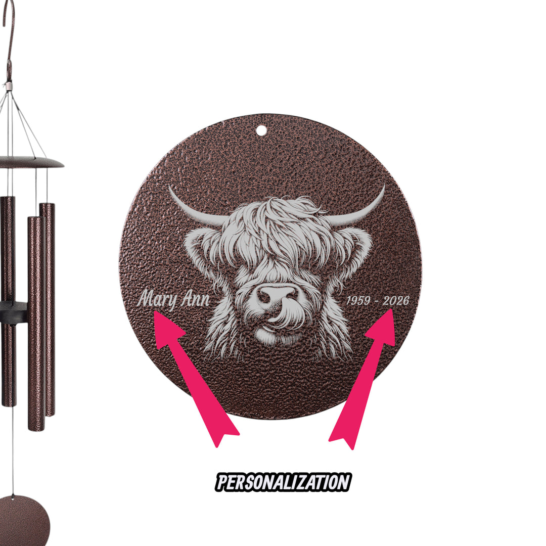 HipFlaskPlus personalized Highland Cow copper powder coated wind chime showing where the personalized name is engraved