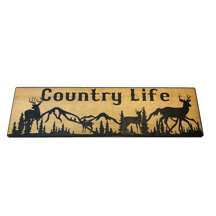 HipFlaskPlus Country Life deer mountain scene black and natural wood sign