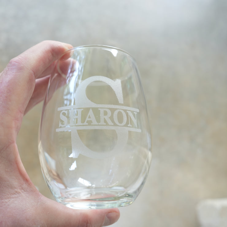 15oz PERSONALIZED Set - Stemless Wine Glass + Coaster - Split letter monogram