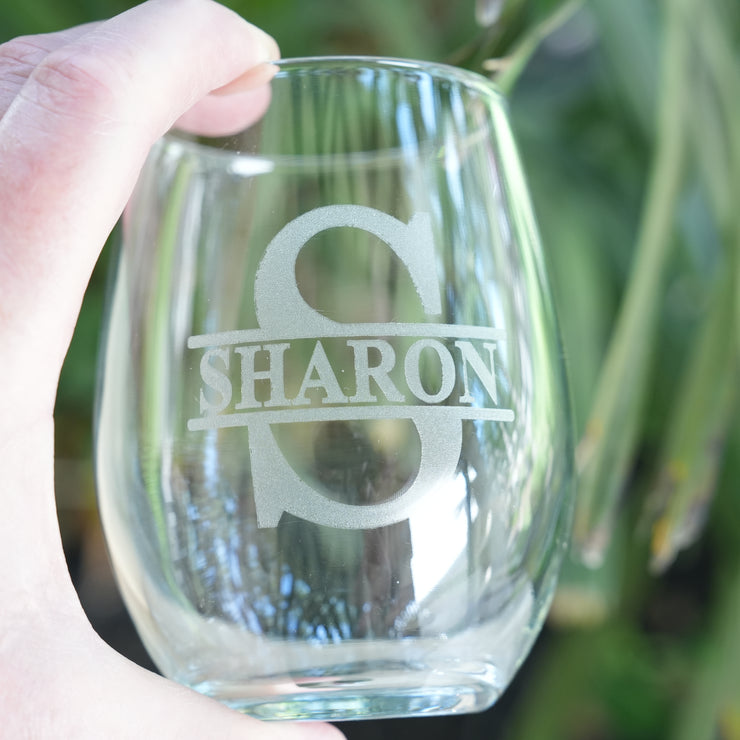 15oz PERSONALIZED Set - Stemless Wine Glass + Coaster - Split letter monogram