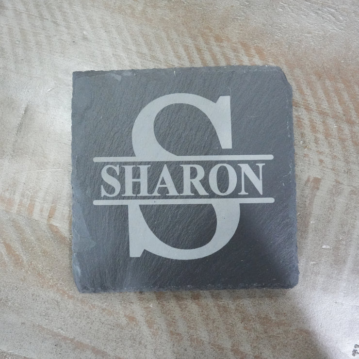 15oz PERSONALIZED Set - Stemless Wine Glass + Coaster - Split letter monogram