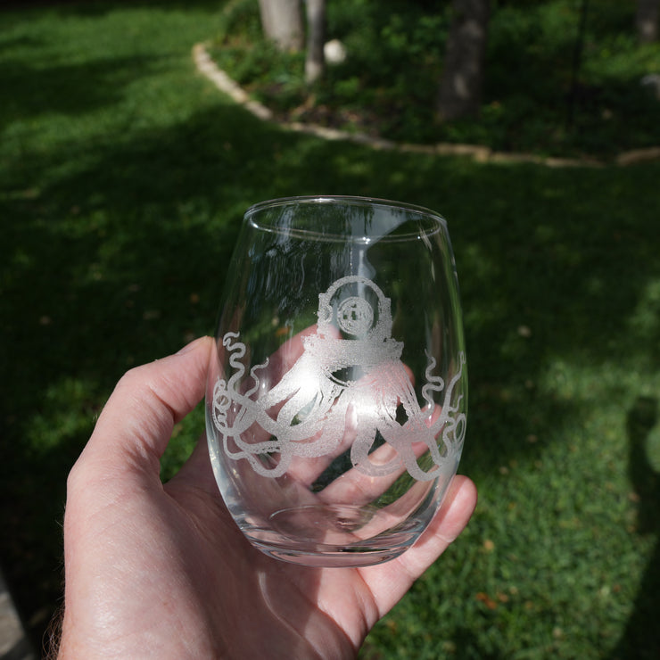 15oz Stemless Wine Glass - Steampunk Octopus