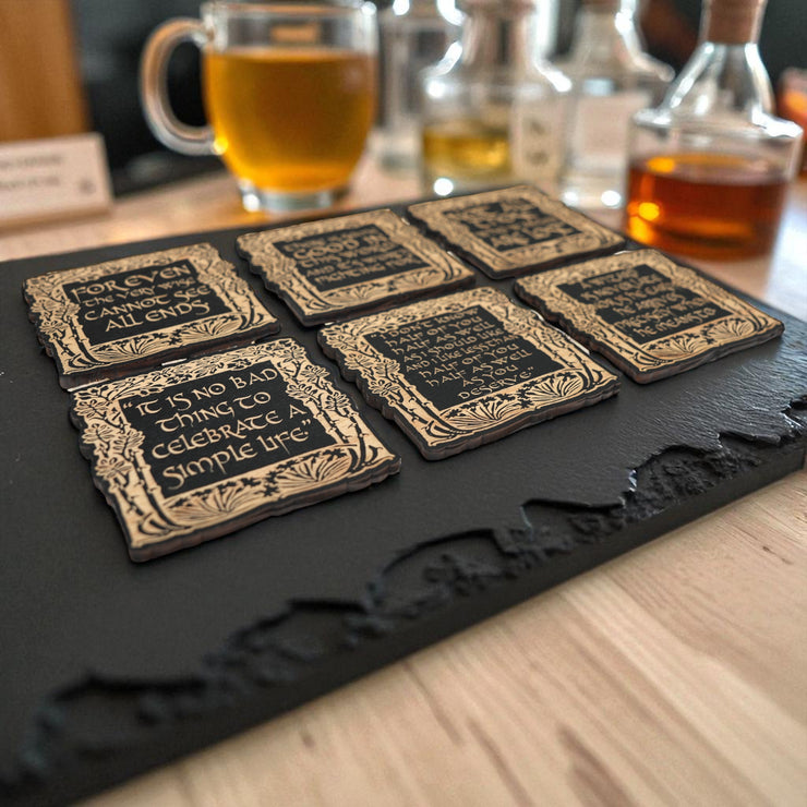 Coaster - BLACK - Fantasy Quotes Coaster Set of 6 Raw Wood