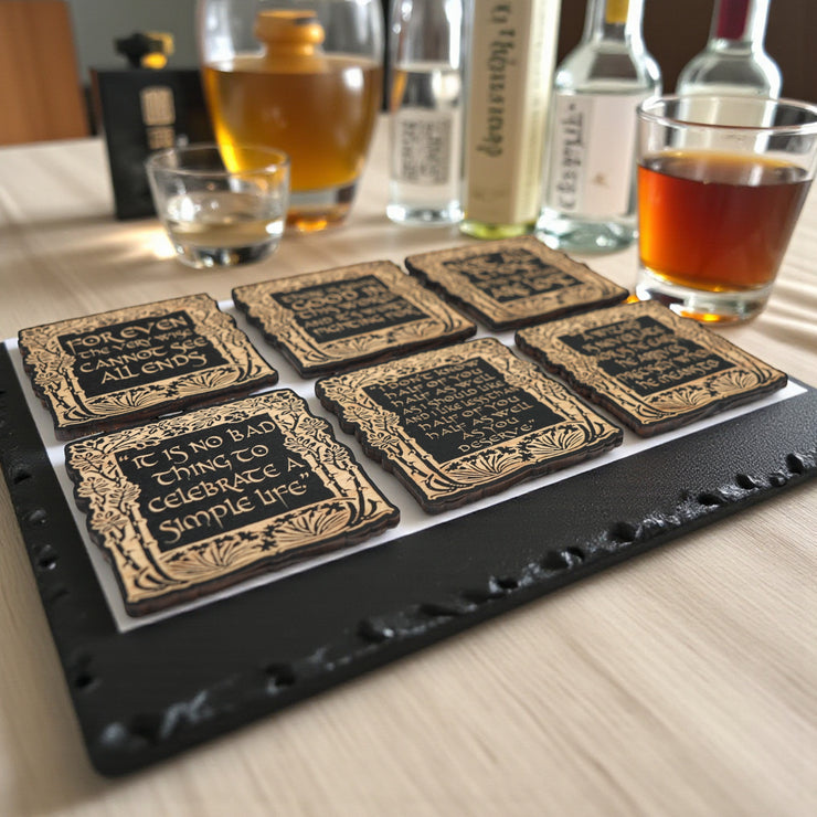 Coaster - BLACK - Fantasy Quotes Coaster Set of 6 Raw Wood