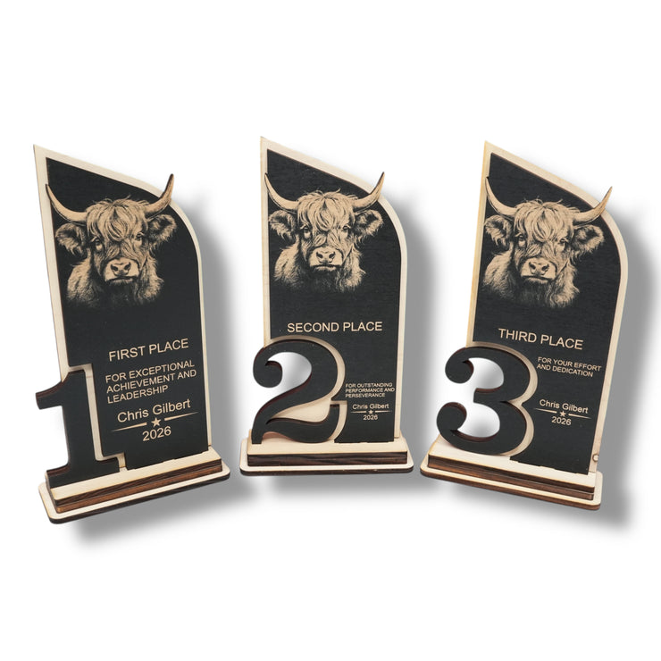 Trophy Award - PERSONALIZED - Highland Cow - 1st 2nd 3rd Place - 9x5 Inches