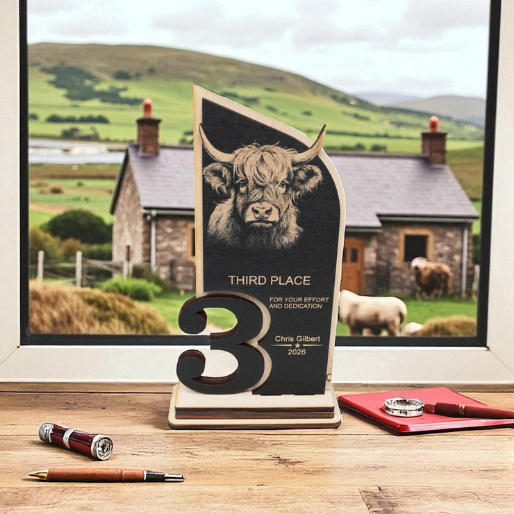 Trophy Award - PERSONALIZED - Highland Cow - 1st 2nd 3rd Place - 9x5 Inches