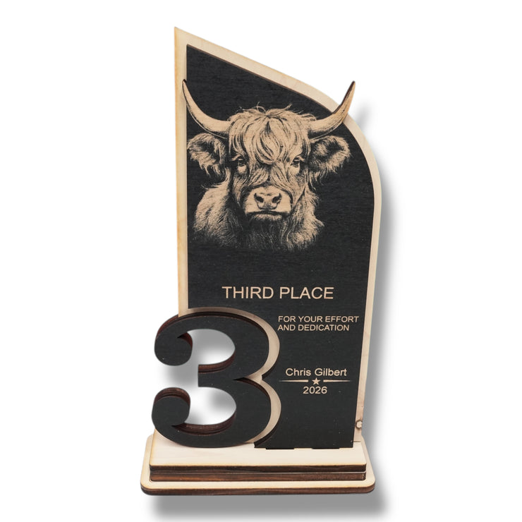 Trophy Award - PERSONALIZED - Highland Cow - 1st 2nd 3rd Place - 9x5 Inches