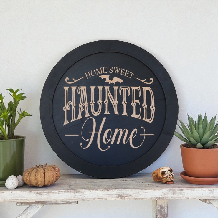 Magnet Sign - BLACK - Home Sweet Haunted Home - Black Halloween Door Sign - 15x15 Inches