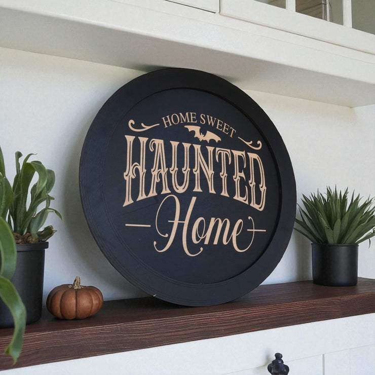 Magnet Sign - BLACK - Home Sweet Haunted Home - Black Halloween Door Sign - 15x15 Inches