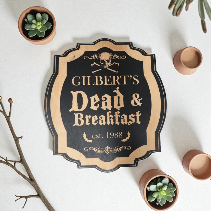 Magnet Sign - BLACK - PERSONALIZED Dead and Breakfast - Black Halloween Door Sign - 12x11 Inches