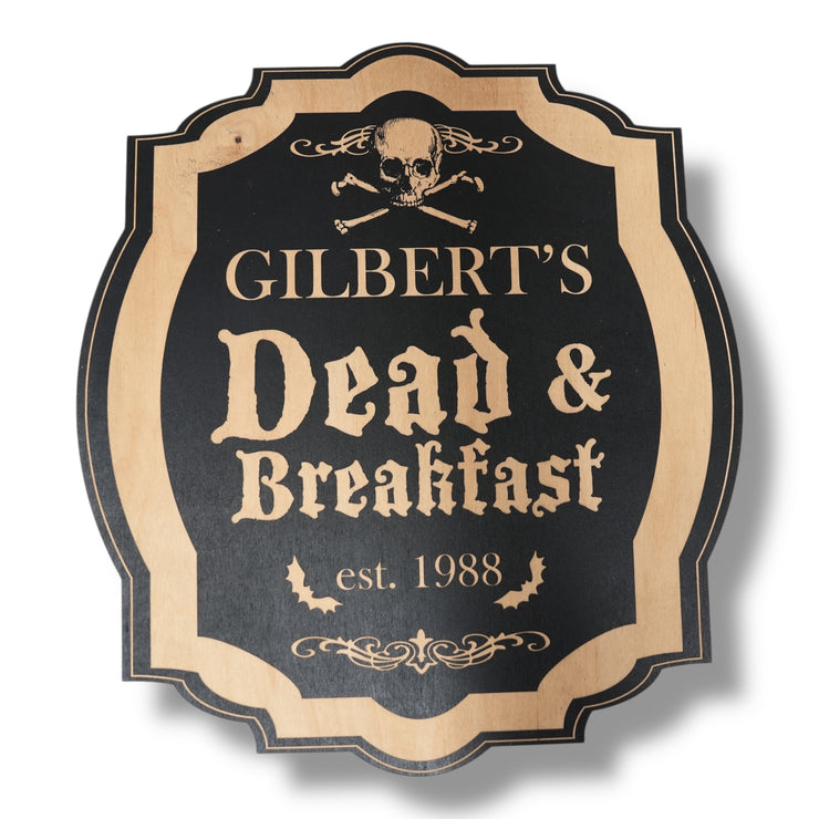 Magnet Sign - BLACK - PERSONALIZED Dead and Breakfast - Black Halloween Door Sign - 12x11 Inches
