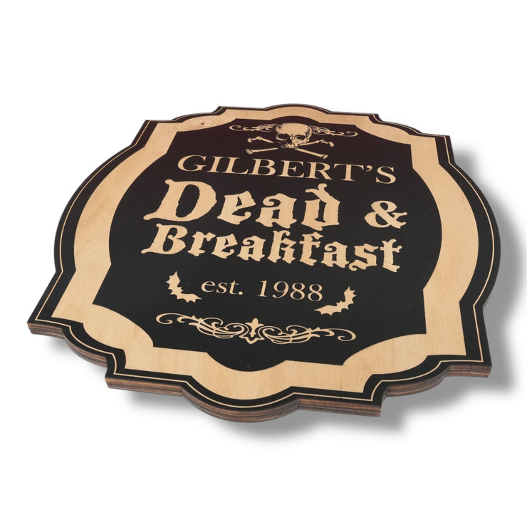 Magnet Sign - BLACK - PERSONALIZED Dead and Breakfast - Black Halloween Door Sign - 12x11 Inches