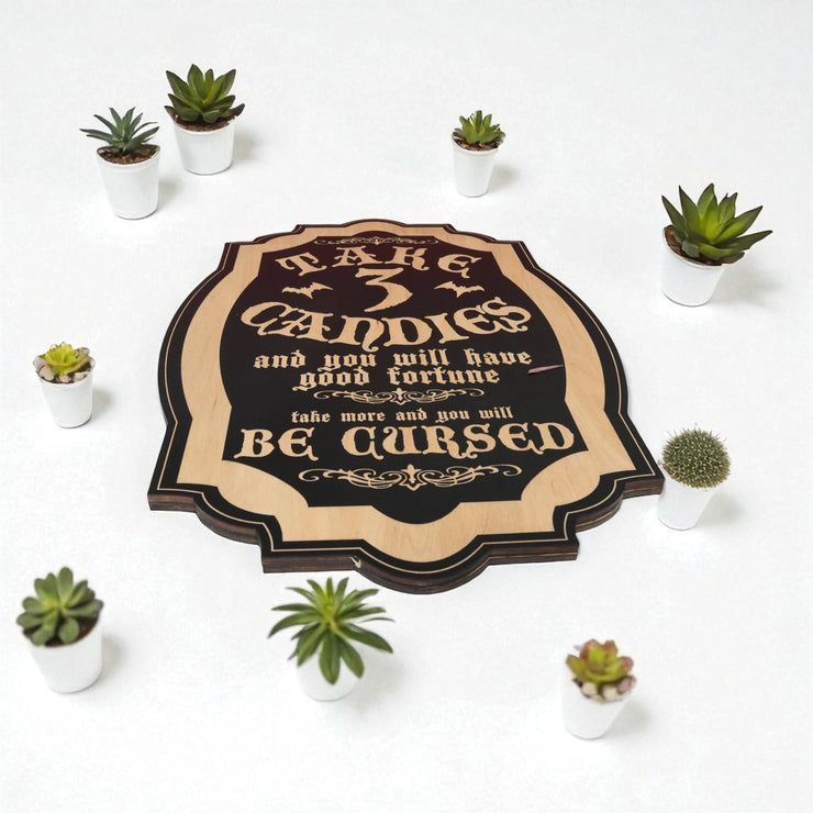 Magnet Sign - BLACK - Take 3 Candies or be Cursed - Black Halloween Door Sign - 15x11 Inches