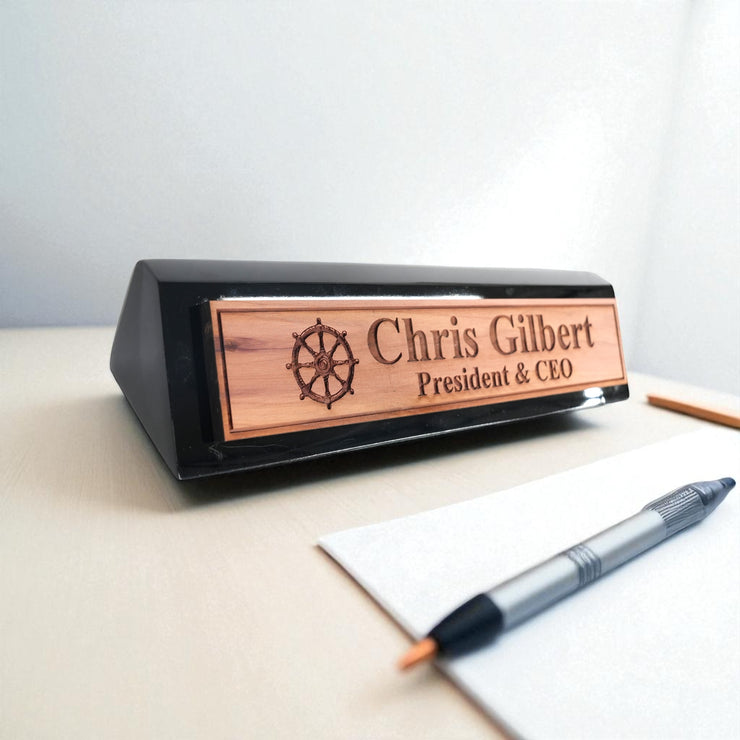 Desk Wedge Name Plate - PERSONALIZED - Ships Wheel - 11 Inches