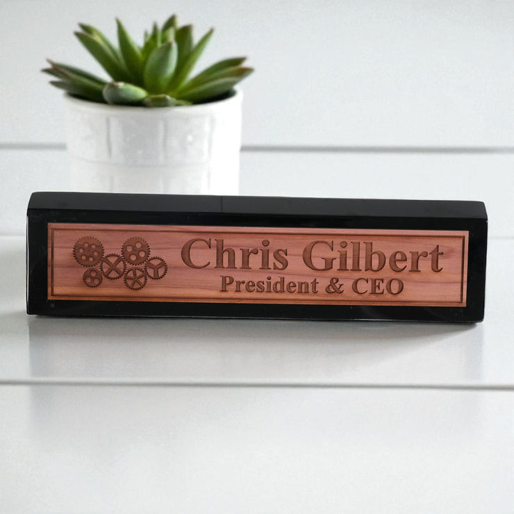 Desk Wedge Name Plate - PERSONALIZED - Gears - 11 Inches