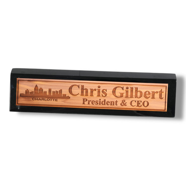 Desk Wedge Name Plate - PERSONALIZED - Charlotte NC Skyline - 11 Inches
