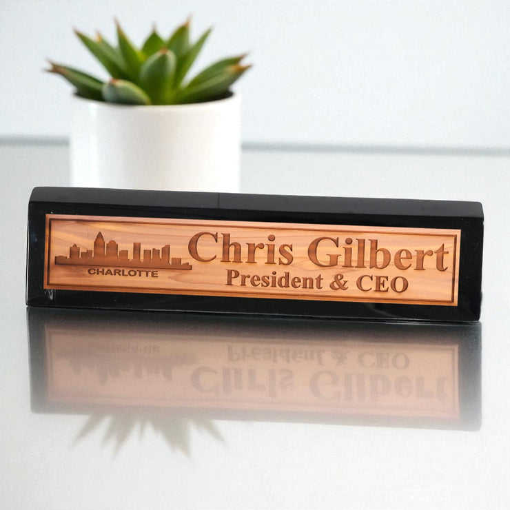 Desk Wedge Name Plate - PERSONALIZED - Charlotte NC Skyline - 11 Inches